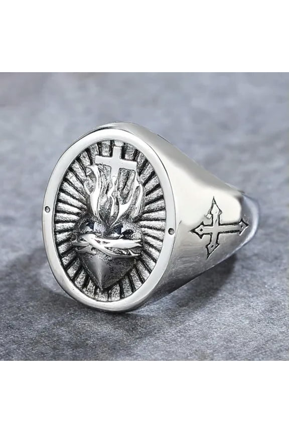 Men Silver Stainless Steel Cross Heart Ring Band Punk Jewelry Gift Size 7-12-12