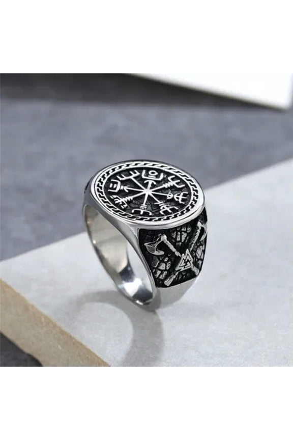 Men Viking Raven Odin Axe Ring Band Stainless Steel Jewelry Vegvisir Size 7-13-Silver-12