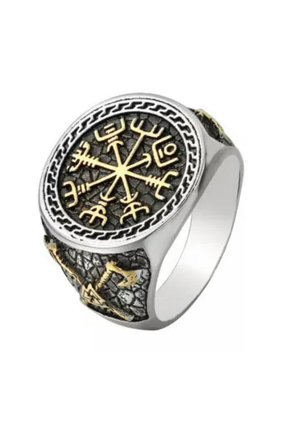 Men Viking Raven Odin Axe Ring Band Stainless Steel Jewelry Vegvisir Size 7-13-Silver Gold-9