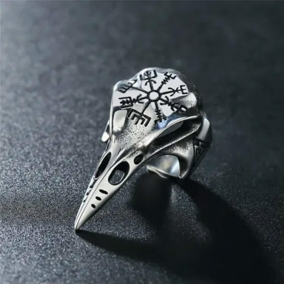 QQTDFG Men Viking Raven Odin Crow Skull Ring Band Stainless Steel Vegvisir Size 7-14-Silver-14