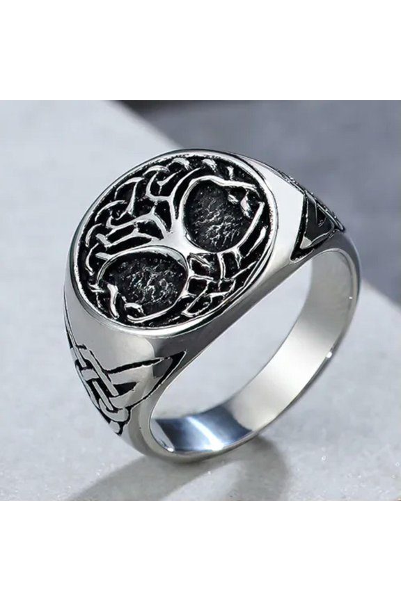 Men Viking Tree of Life Ring Band Stainless Steel Raven Odin Amulet Size 7-13-Silver-11