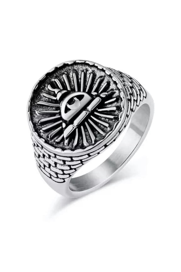 Men Vintage Signet Ring Stainless Steel Illuminati Triangle Eye of God Gift-7-Silver