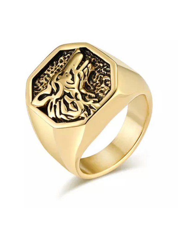 Men Wolf Head Animal Ring Silver Stainless Steel Punk Viking Biker Band Vintage-Gold-9