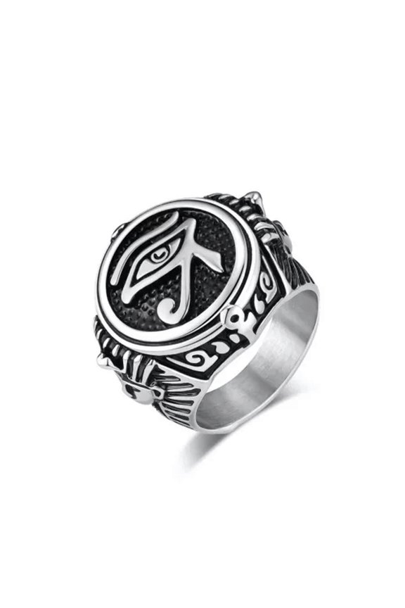 Men Women Ancient Egyptian Eye of Ra Horus Ankh Cross Ring Stainless Steel Gift-Silver-11