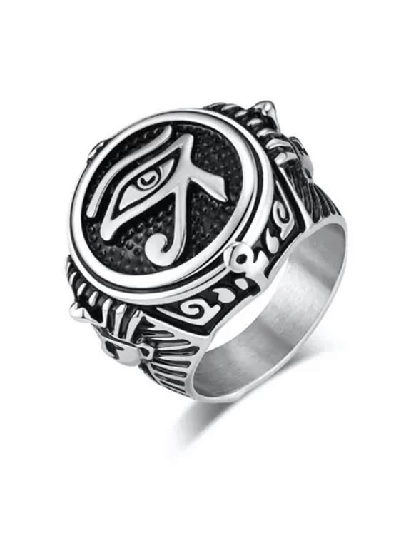 Men Women Ancient Egyptian Eye of Ra Horus Ankh Cross Ring Stainless Steel Gift-Silver-8