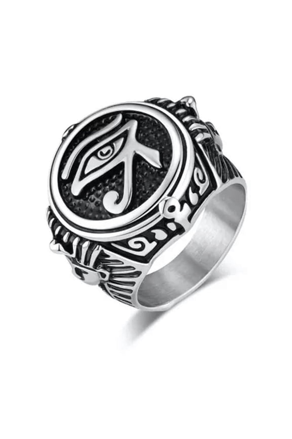 Men Women Ancient Egyptian Eye of Ra Horus Ankh Cross Ring Stainless Steel Gift-Silver-9
