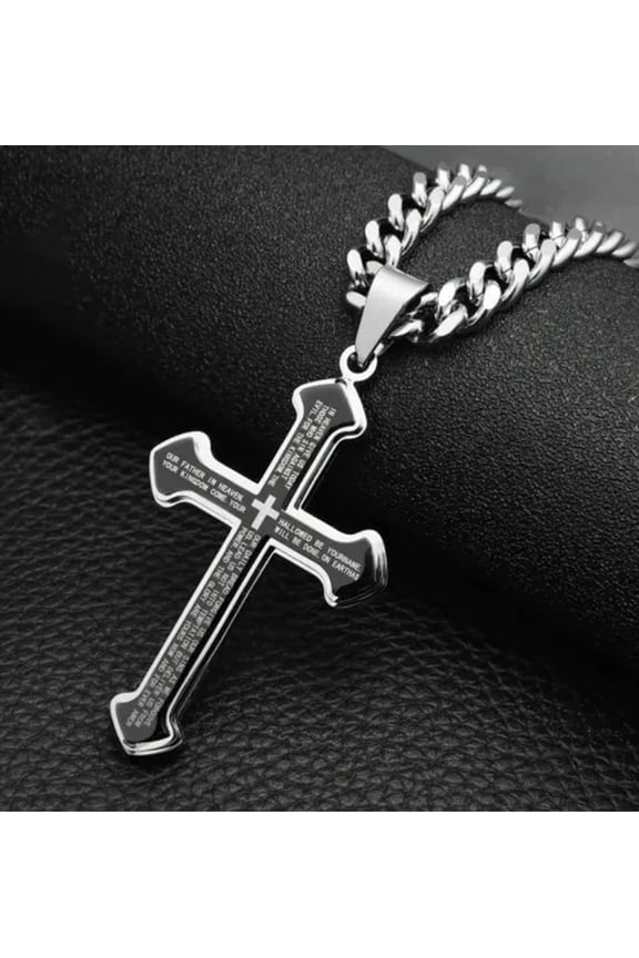 Men Women Big Cross Pendant Necklace Stainless Steel Lord's Prayer Chain 24"-Silver Black-7mm Cuban Link