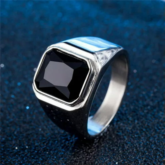 QQTDFG Men Women Blue Stone Rings Gold Plated Stainless Steel Wedding Fashion Party-Silver Black-9