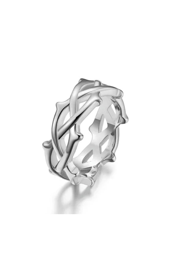 Men Women Crown of Thorn Ring Stainless Steel Tree Vine Branch Lucky Gift Silver-Silver-8