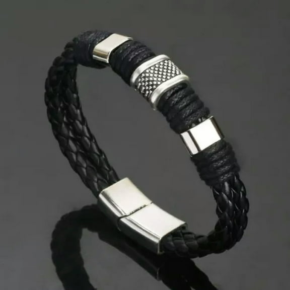 QQTDFG Men Women Leather Titanium Steel Magnetic Braided Clasp Bracelet Bangle Jewelry-Black