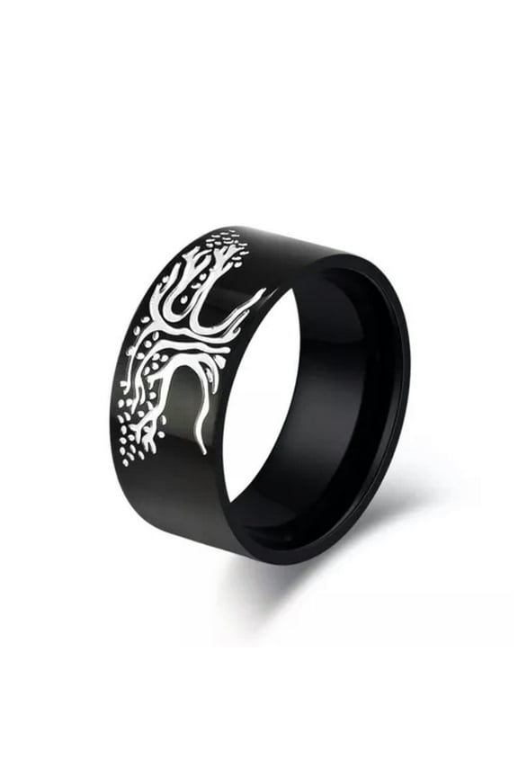 Men Women Retro Nordic Tree of Life Ring Stainless Steel Chunky Eternal Band-Black-7