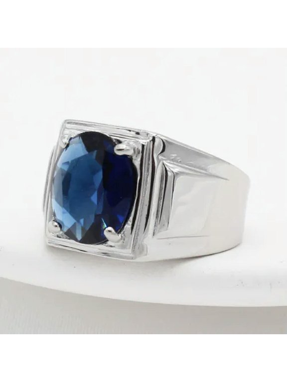 Men Women Round Multicolor Stone Ring Silver Stainless Steel Pinky Party Gift-Dark blue-8