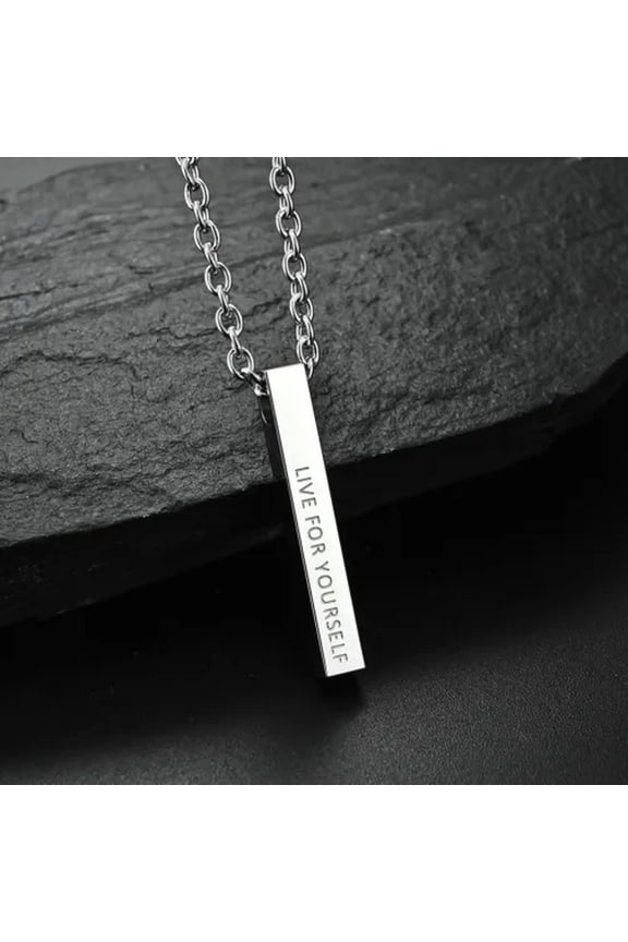 Men Women Silver Stainless Steel Bar Pendant Necklace Unisex Cube Curb Chain 22"-LIVE FOR YOURSELF
