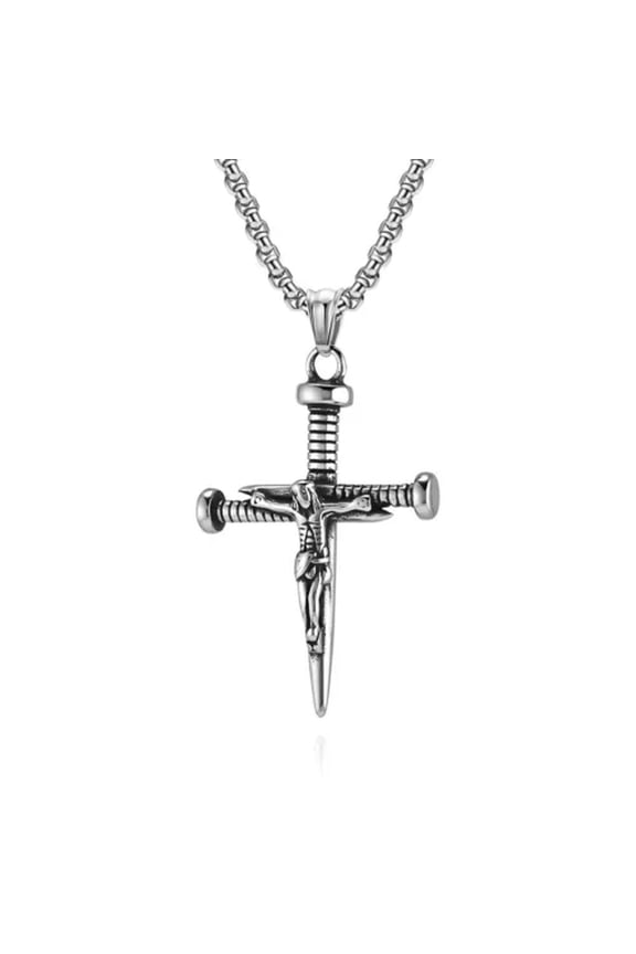Men Women Skull Nail Cross Necklace Stainless Steel Crucifix Pendant Box Chain-Silver C