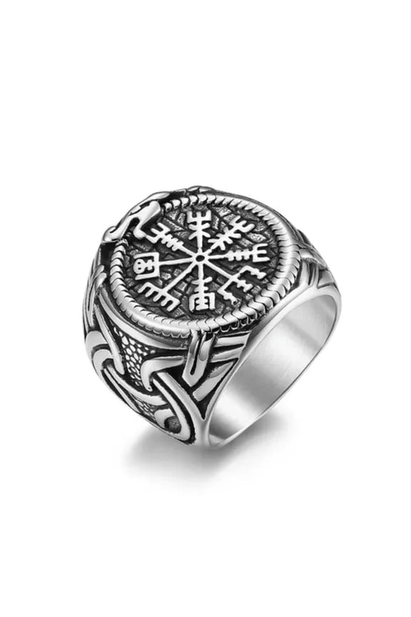 Men Women Viking Rings Stainless Steel Raven Rune Vegvisir Compass Amulet Band-Silver-9