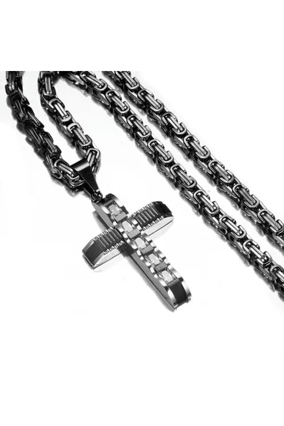 Men's Cross Pendant Gold Black Silver Stainless Steel Byzantine Chain Necklace-Silver Black-32 inch Necklace