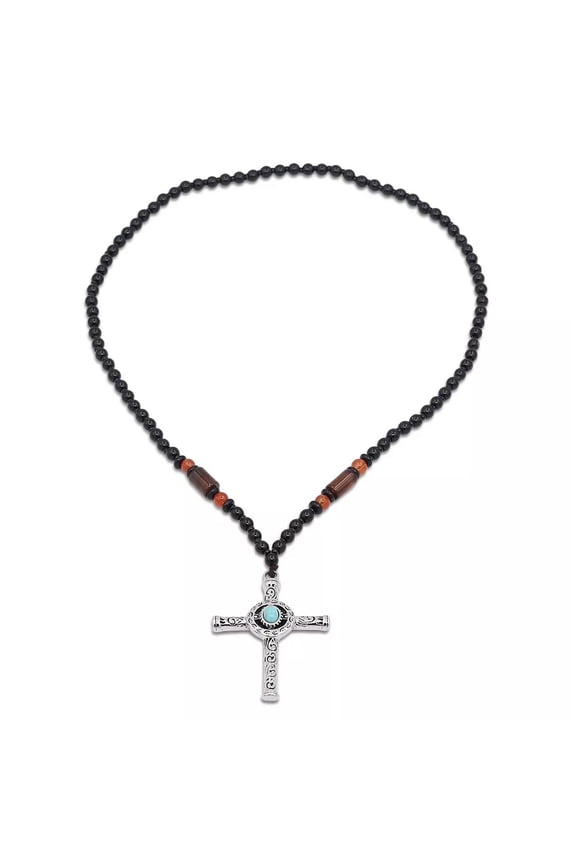Men's Cross Pendant Necklace Red Agate Black Glass Bead Chain Rosary Necklace-default