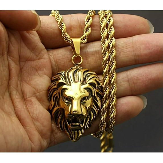 QQTDFG Men's Gold Jewelry Chain Stainless Steel Necklace Cool Lion Power Pendant Chain-default