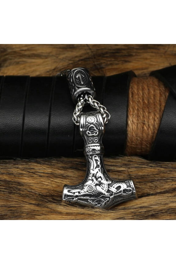 Men's Stainless Steel Norse Viking Thor Hammer Mjolnir Pendant Necklace-#4