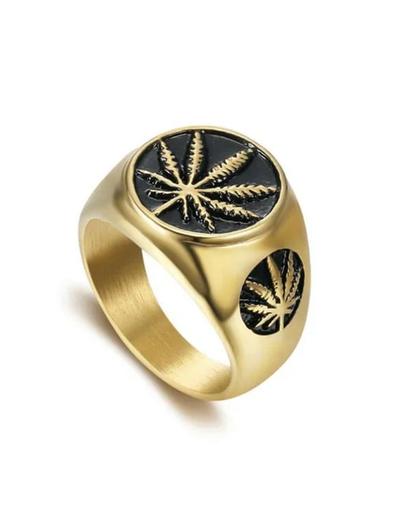 Men's Vintage Stainless Steel Ring Weed Leaf Rock Hip Hop Gold Plated-Gold-7