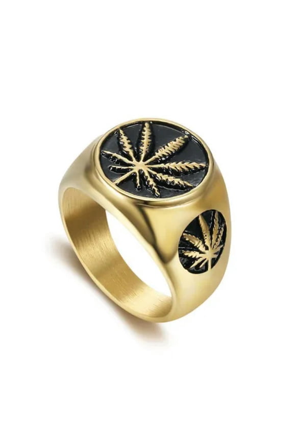 Men's Vintage Stainless Steel Ring Weed Leaf Rock Hip Hop Gold Plated-Gold-9