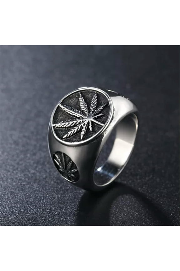 Men's Vintage Stainless Steel Ring Weed Leaf Rock Hip Hop Gold Plated-Silver-13