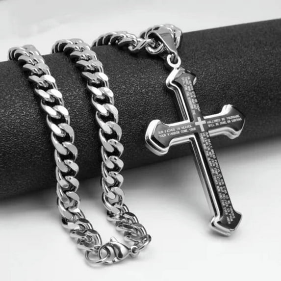 QQTDFG Mens 7mm Cuban Necklace Chain with Stainless Steel Bible Verse Big Cross Pendant-22 in