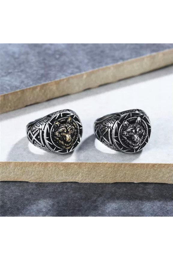 Mens Animal Rings Stainless Steel Dragon Tiger Wolf Wild Boar Punk Biker Hip Hop-Gold Wolf D-7