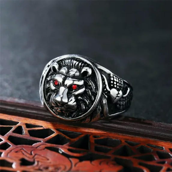 QQTDFG Mens Animal Rings Stainless Steel Dragon Tiger Wolf Wild Boar Punk Biker Hip Hop-Silver Lion F-7