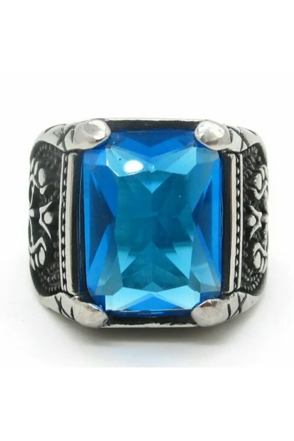 Mens Blue CZ Aquamarine Square Stone Ring For Men Stainless Steel Size 7-15 Gift-13