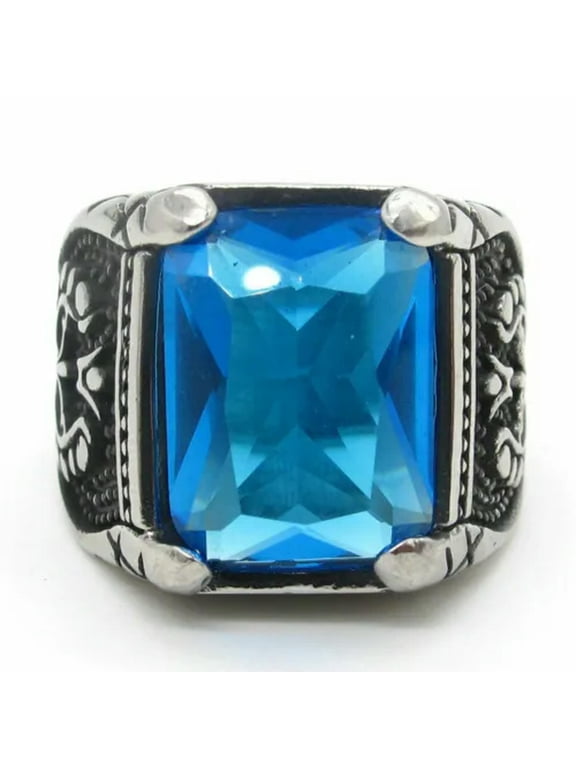 Mens Blue CZ Aquamarine Square Stone Ring For Men Stainless Steel Size 7-15 Gift-15