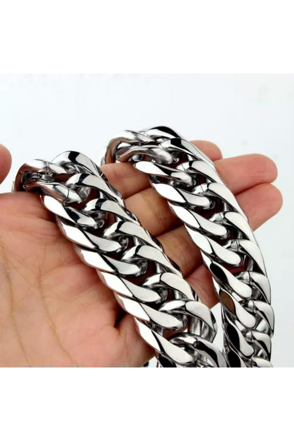 Mens Cool Heavy Stainless Steel Men Curb Cuban Double Link Silver Chain Necklace-30 inch Necklace-16mm-Silver