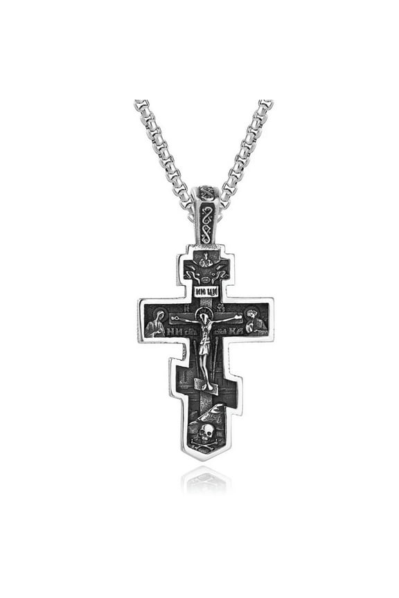 Mens Cross Pendant Necklace Stainless Steel Men Russian Orthodox Crucifix Chain-default