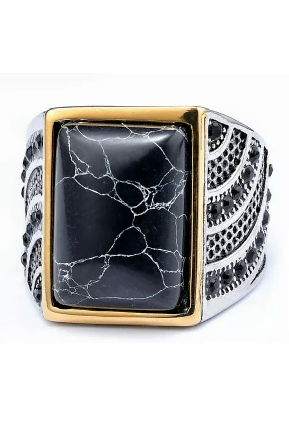 Mens Gold Plated Black Square Onyx Stone Ring Stainless Steel Size 7-15-10