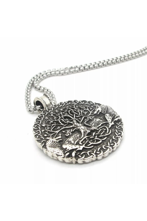 Mens Norse Viking Amulet Fenrir Wolf Tree of Life Pendant Necklace-default