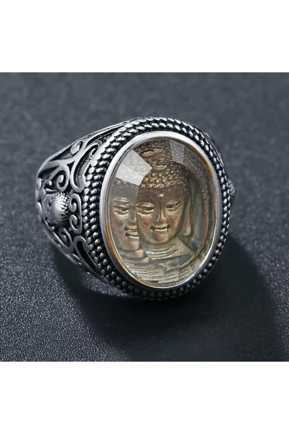 Mens Silver Stainless Steel Buddhist Buddha Amulet Ring Band Punk Size 7-12-8