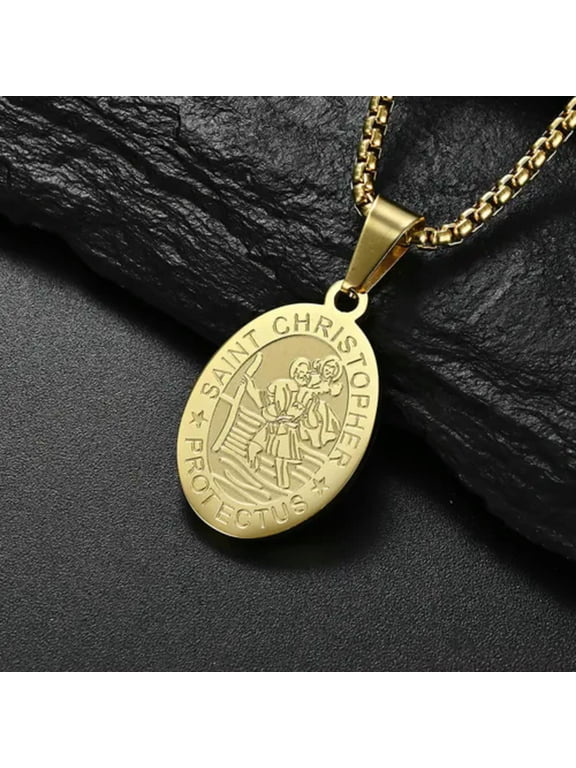 Mens St Saint Christopher Pendant Necklace Stainless Steel Medal Amulet Chain-Gold