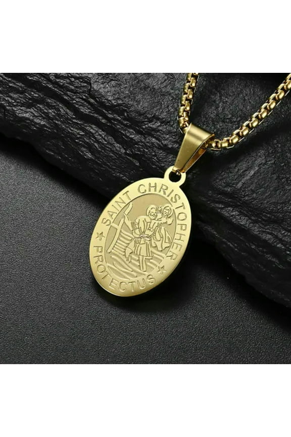 Mens St Saint Christopher Pendant Necklace Stainless Steel Medal Amulet Chain-Gold