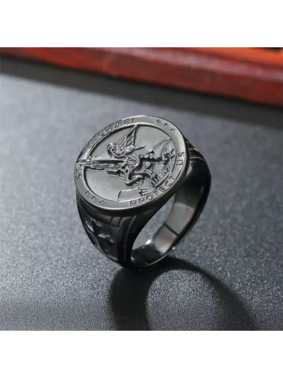 Mens Stainless Steel Catholic St Saint Michael Protect Amulet Ring Size 7-12-11-Black