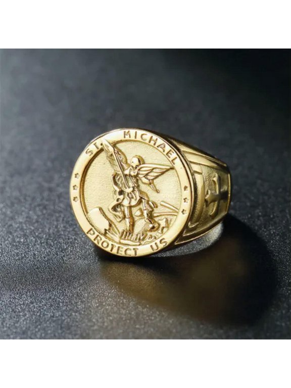 Mens Stainless Steel Catholic St Saint Michael Protect Amulet Ring Size 7-12-8-Gold