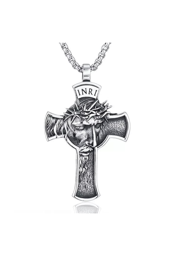 Mens Stainless Steel Jesus Christ Face Crucifix Cross Pendant Necklace Chain-default