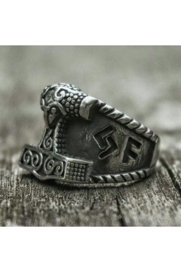 Mens Stainless Steel Nordic Viking Thors Hammer Rune Mjolnir Ring For Men 7-15-13