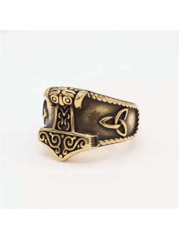 Mens Stainless Steel Norse Viking Thor's Hammer Wolf Head Ring Warrior's Gothic-Gold-7