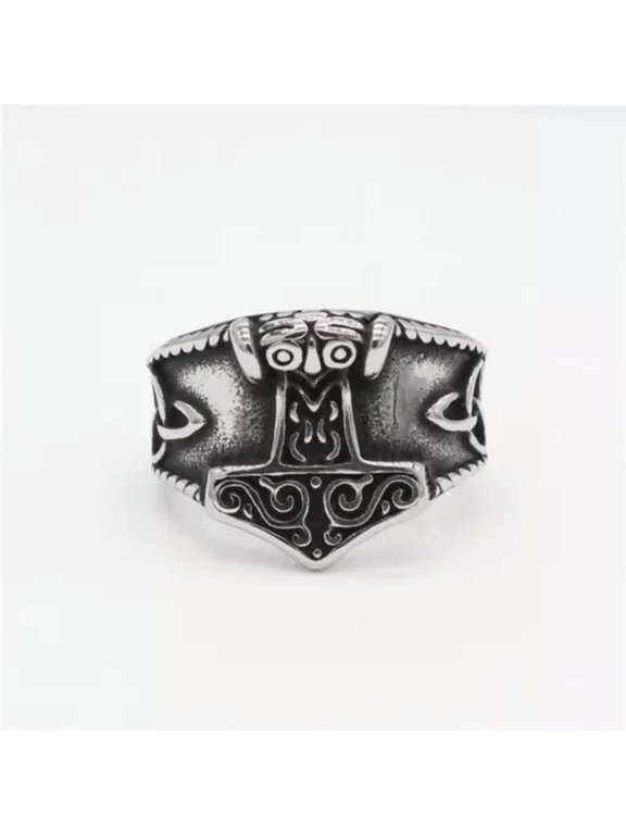 Mens Stainless Steel Norse Viking Thor's Hammer Wolf Head Ring Warrior's Gothic-Silver-8