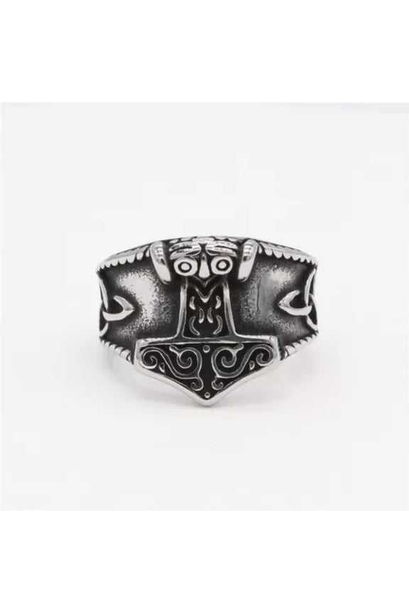 Mens Stainless Steel Norse Viking Thor's Hammer Wolf Head Ring Warrior's Gothic-Silver-8