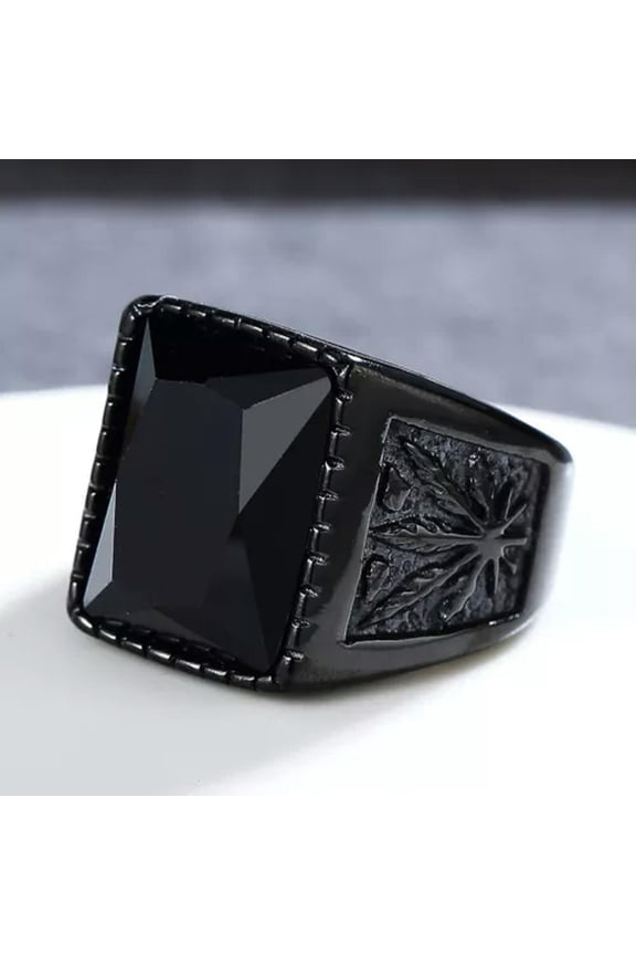 Mens Stainless Steel Red Black Stone Marijuana Leaf Ring Band Size 7-13-Black Black-13