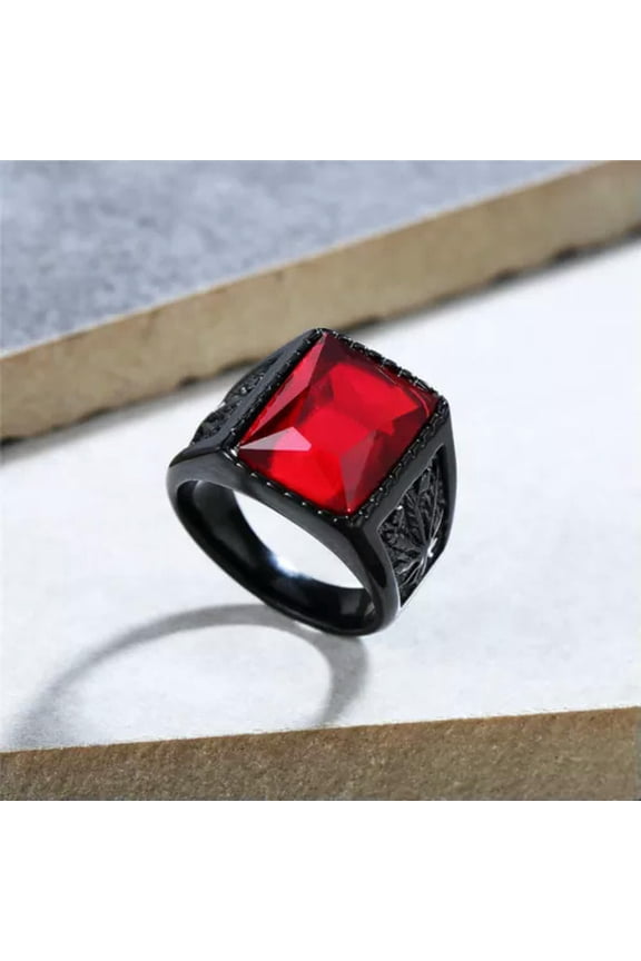Mens Stainless Steel Red Black Stone Marijuana Leaf Ring Band Size 7-13-Black Red-10