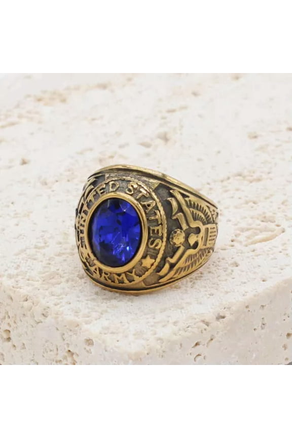 Mens Stone Ring Stainless Steel United States Army Oval Band Size 7-12-9-Gold Blue