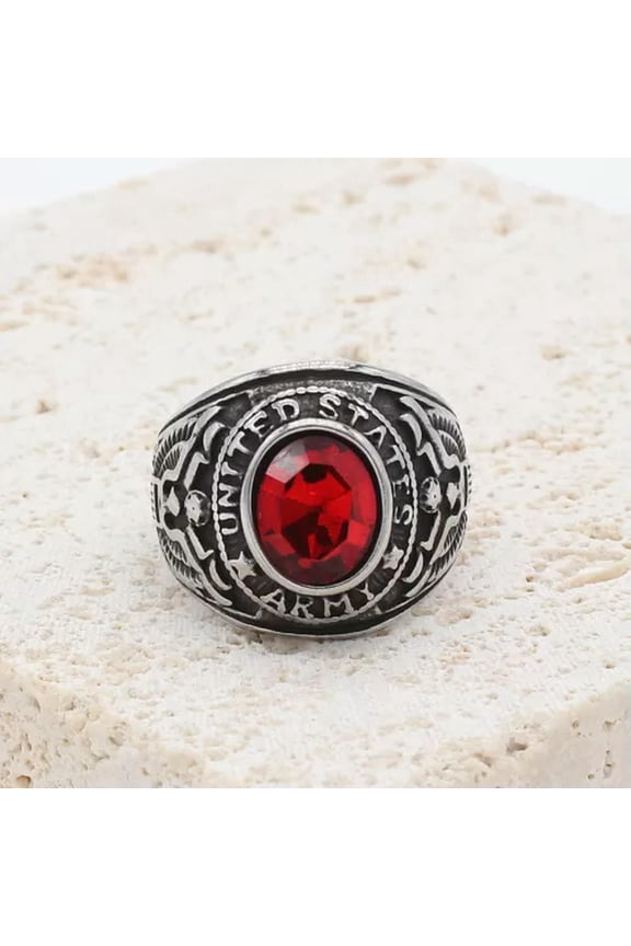 Mens Stone Ring Stainless Steel United States Army Oval Band Size 7-12-9-Silver Red
