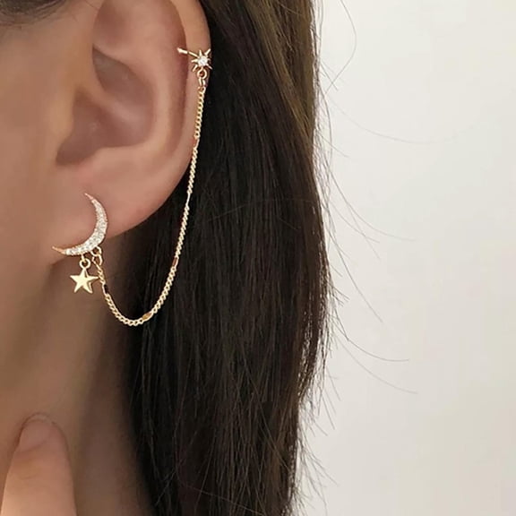 QQTDFG Moon Earring With Chain And Northern Star Ear Cuff Starburst Ear Cuff With Chain-default